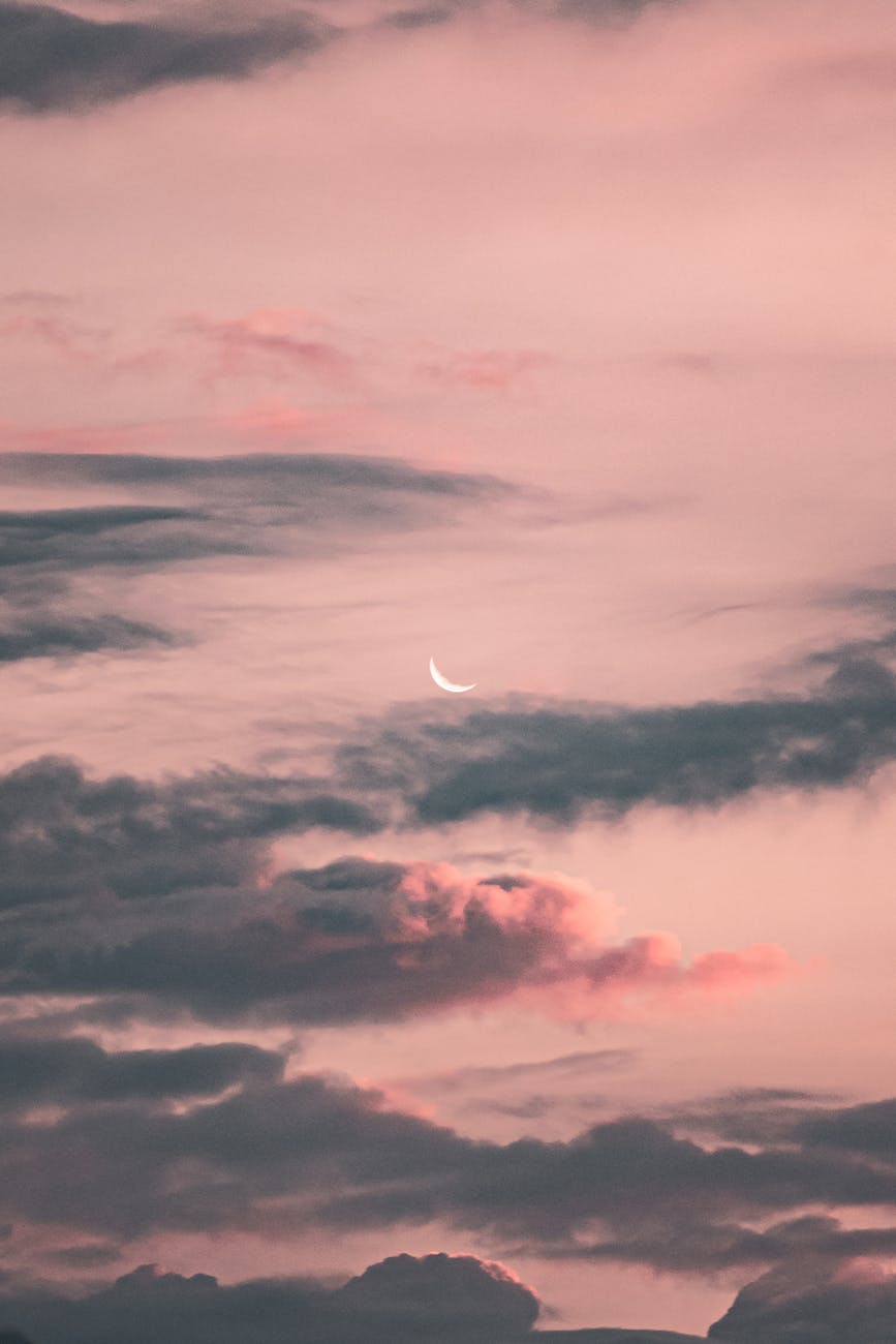 crescent moon on a pink sky