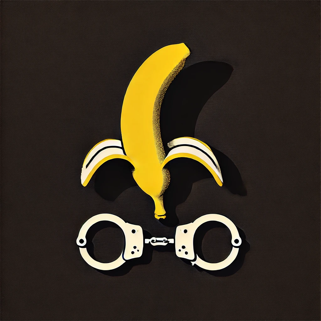 DALL·E 2025-08-22 13.07.18 – A symbolic book cover illustration. Black background. At the center is a single yellow banana. Its peel is opened in the shape of handcuffs. The banan